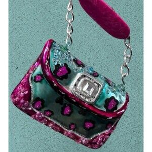 Vintage Hand Blown Glass Purse Ornament Pink Teal Leopard Beaded Handbag Decor